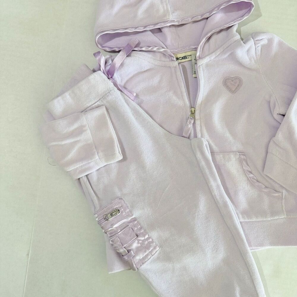 Y2K Toddler Pale Purple Velour Jogging 2pc Set w Heart Patch, 18m